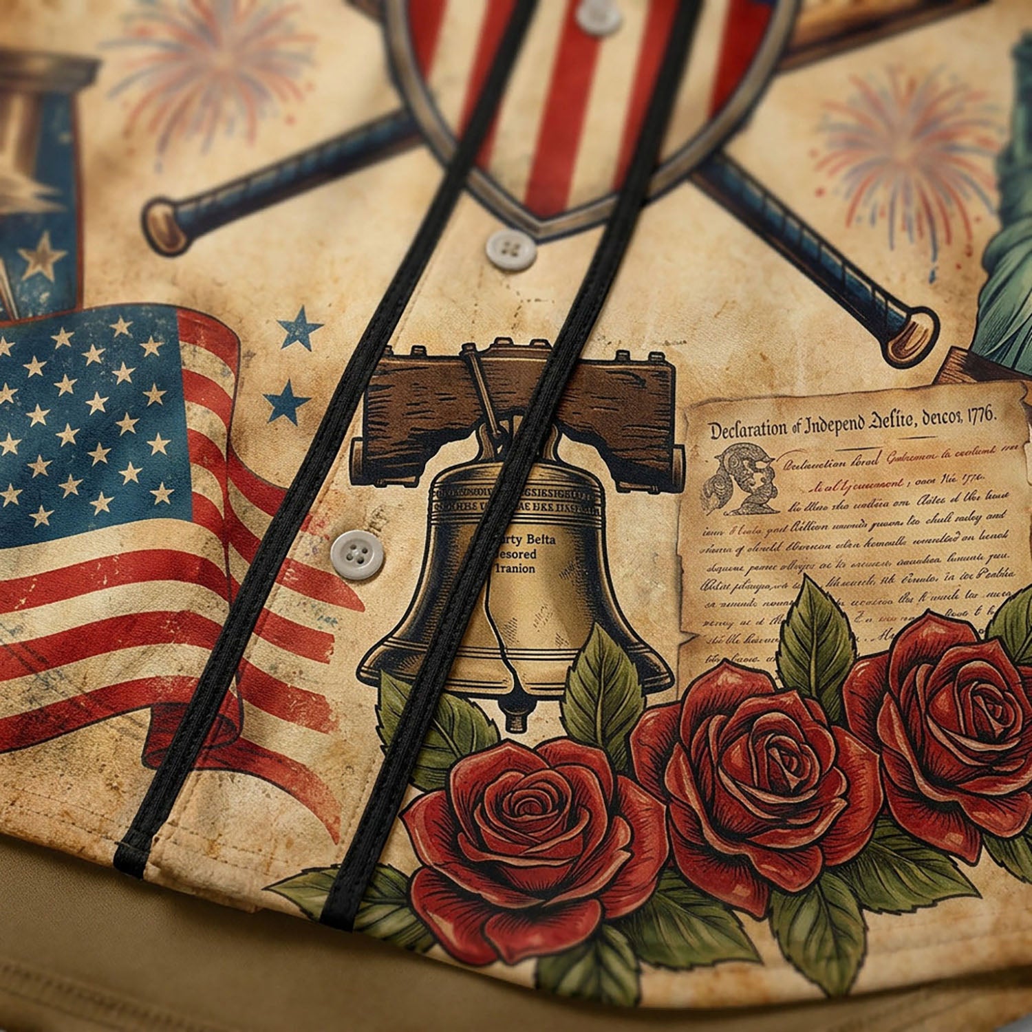 Close-up detail of the vintage paper texture, American flag, and Liberty Bell graphic print on a custom baseball jersey