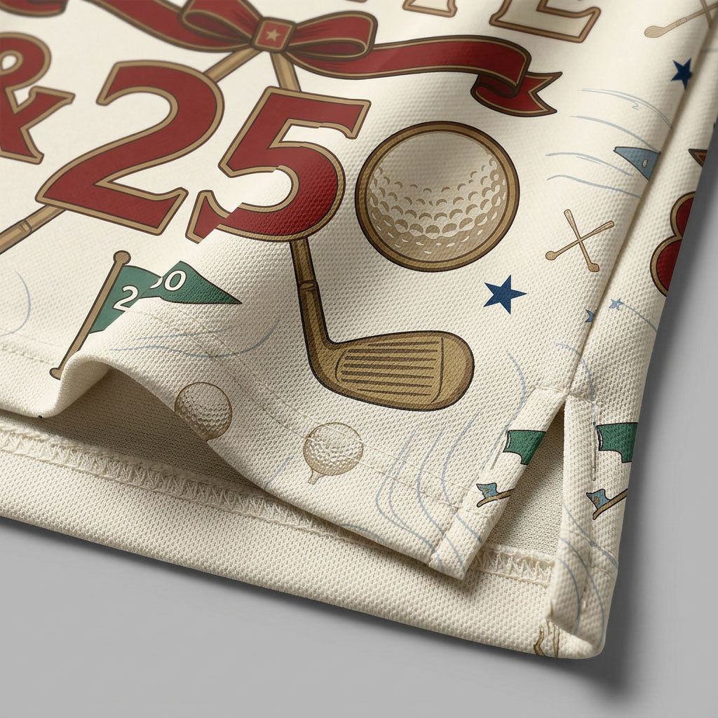 Close-up shot of the high-definition printed 'RED WHITE & 250' block text, ribbon bow, and golf ball graphic details.
