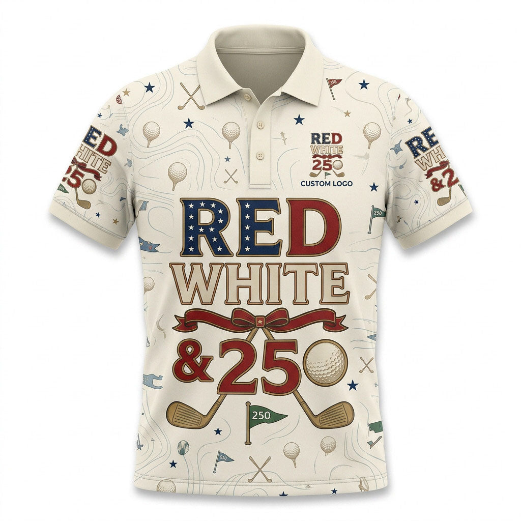 Front view of a vintage cream Patriotic Red White and 250 Typography golf polo shirt with custom player name option badge.
