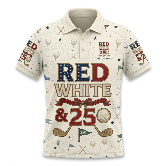 Front view of a vintage cream Patriotic Red White and 250 Typography golf polo shirt with custom player name option badge.