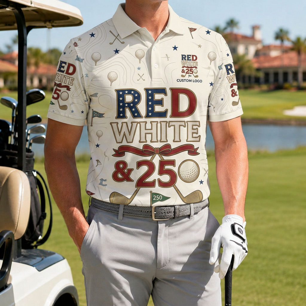 A male golfer wearing the customized Red White and 250 Typography polo shirt standing proudly on a premium country club fairway green.