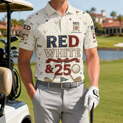 A male golfer wearing the customized Red White and 250 Typography polo shirt standing proudly on a premium country club fairway green.