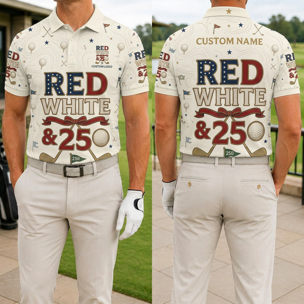 Front and back view of a personalized Red White and 250 Typography polo shirt showing the custom name printing area on the back.