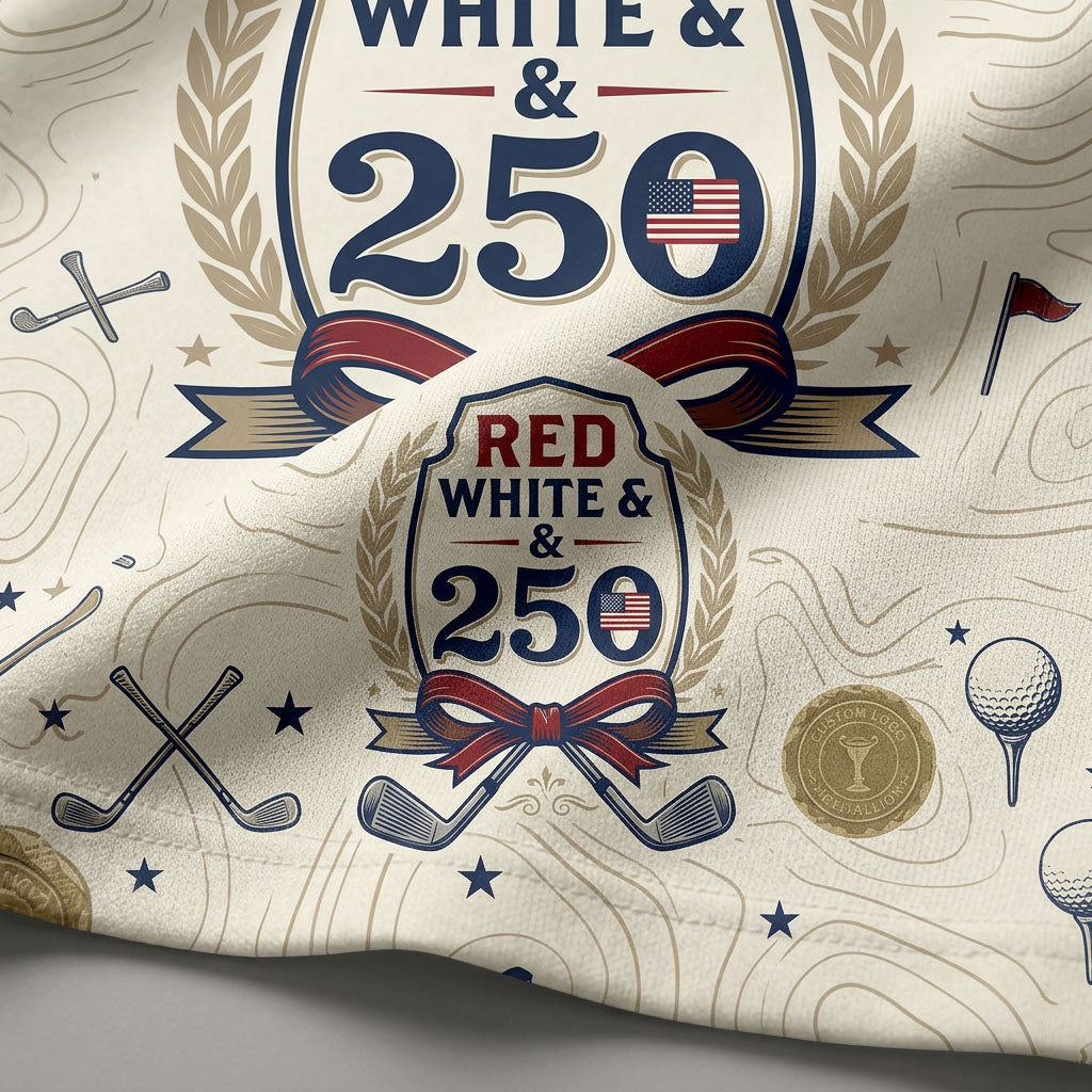 Close-up shot of the high-definition printed Red White & 250 emblem, olive laurel branch, and elegant striped bow ribbon.