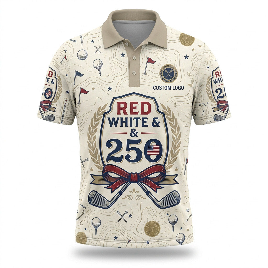Front view of a vintage cream patriotic Red White and Blue 250th Laurel Crest golf polo shirt with custom name text lines.
