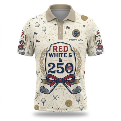 Front view of a vintage cream patriotic Red White and Blue 250th Laurel Crest golf polo shirt with custom name text lines.