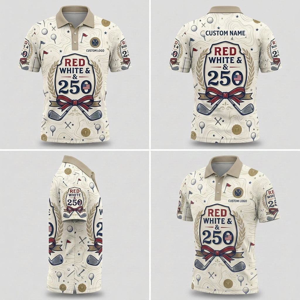 Multi-angle product display grid showcasing the front, back, map topographic layout, and flexible athletic polo fit.