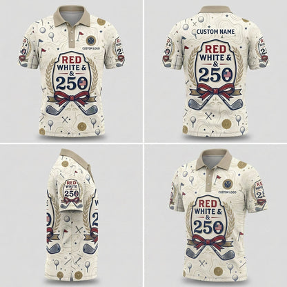 Multi-angle product display grid showcasing the front, back, map topographic layout, and flexible athletic polo fit.
