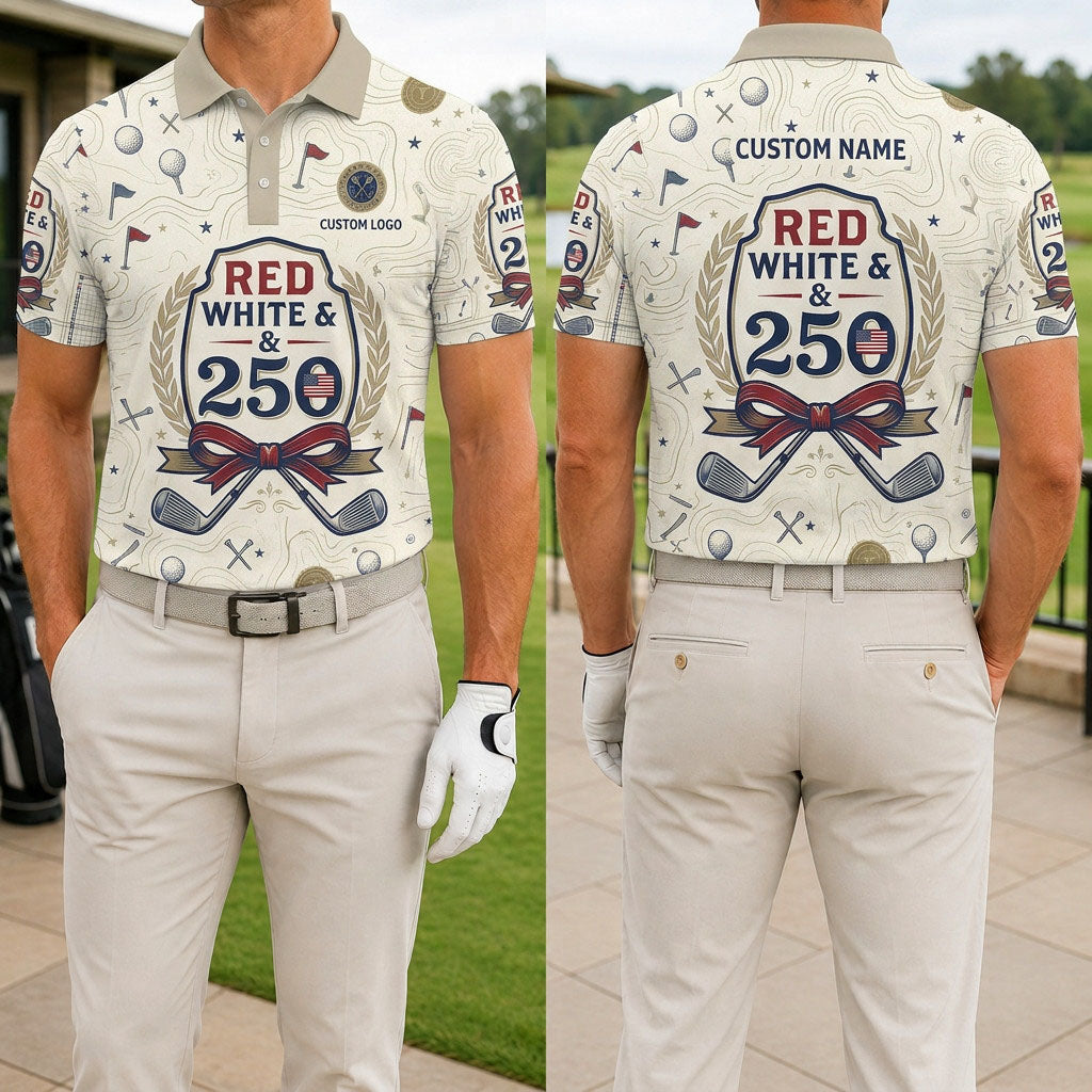 Front and back view of a customized Red White and Blue 250th Laurel Crest polo showing the back player name printing space.