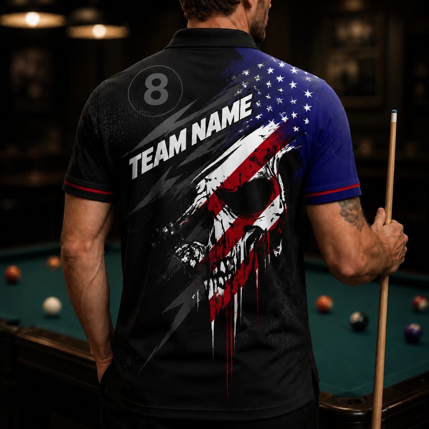 Patriotic Skull 8 Ball Sport Personalized Billiard Polo Shirt Back View