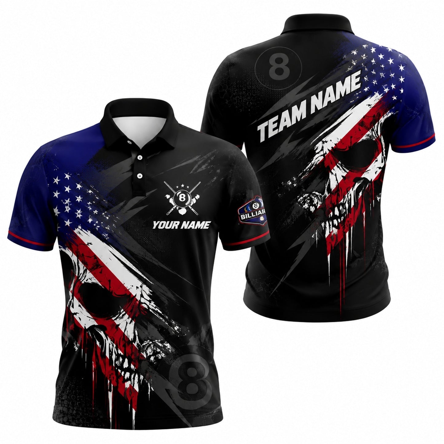 Patriotic Skull 8 Ball Sport Personalized Billiard Polo Shirt