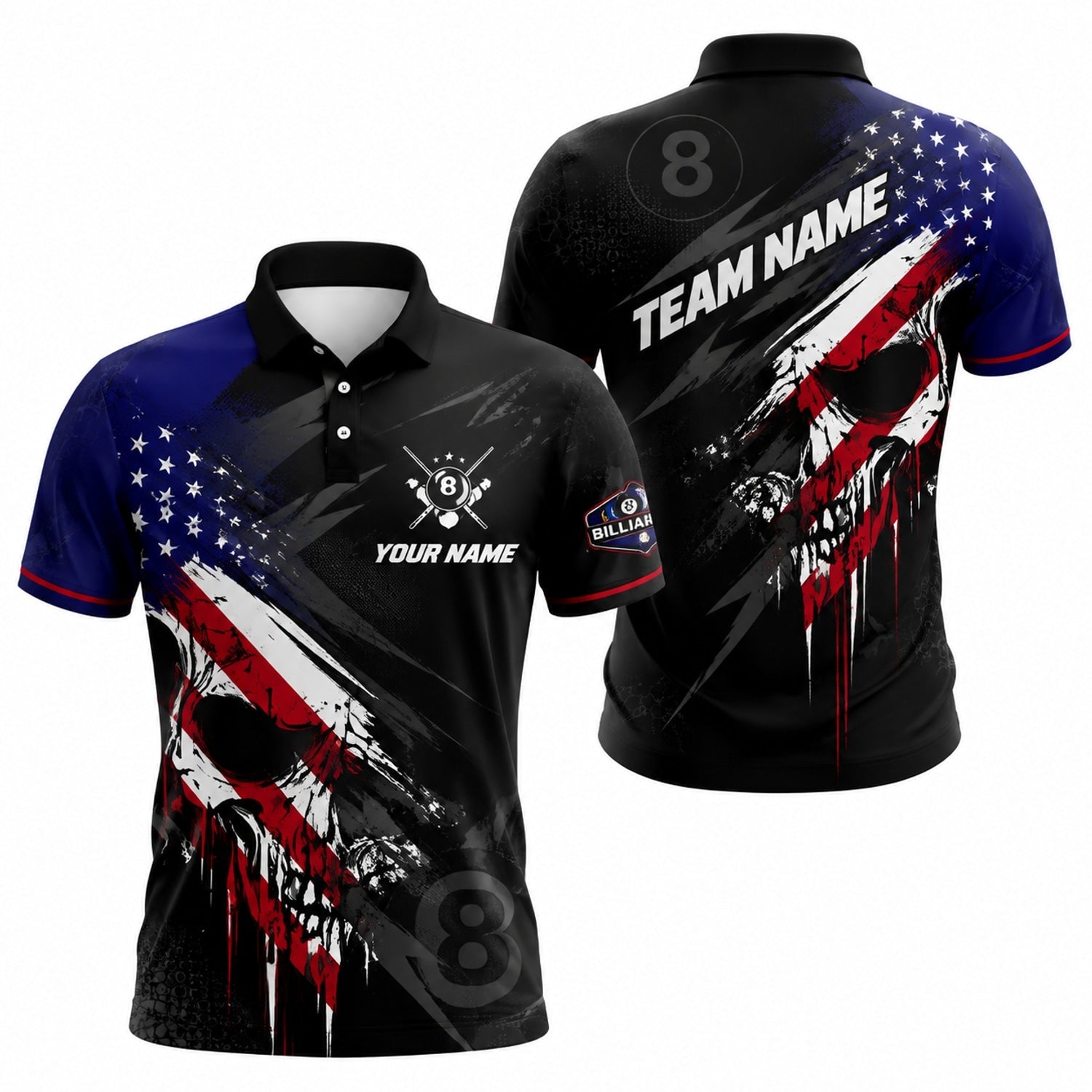 Patriotic Skull 8 Ball Sport Personalized Billiard Polo Shirt