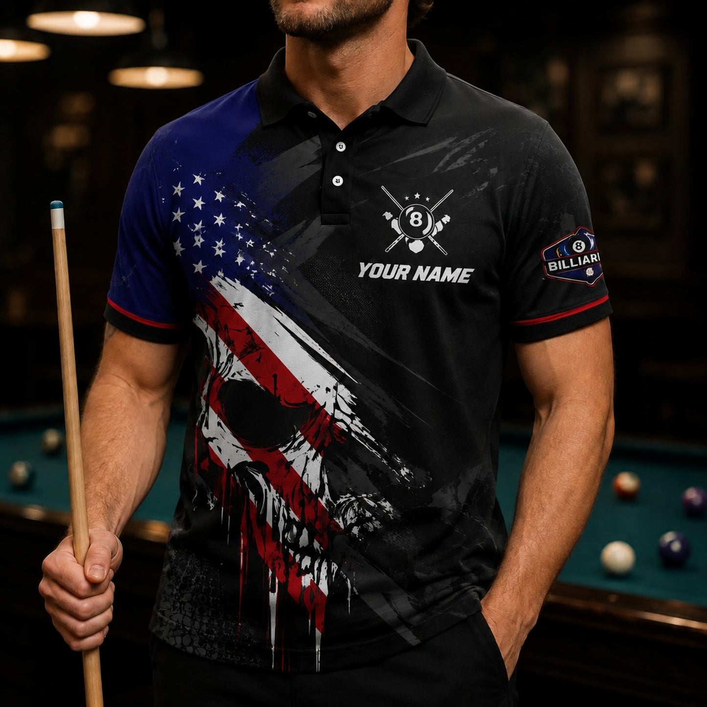 Patriotic Skull 8 Ball Sport Personalized Billiard Polo Shirt Front View