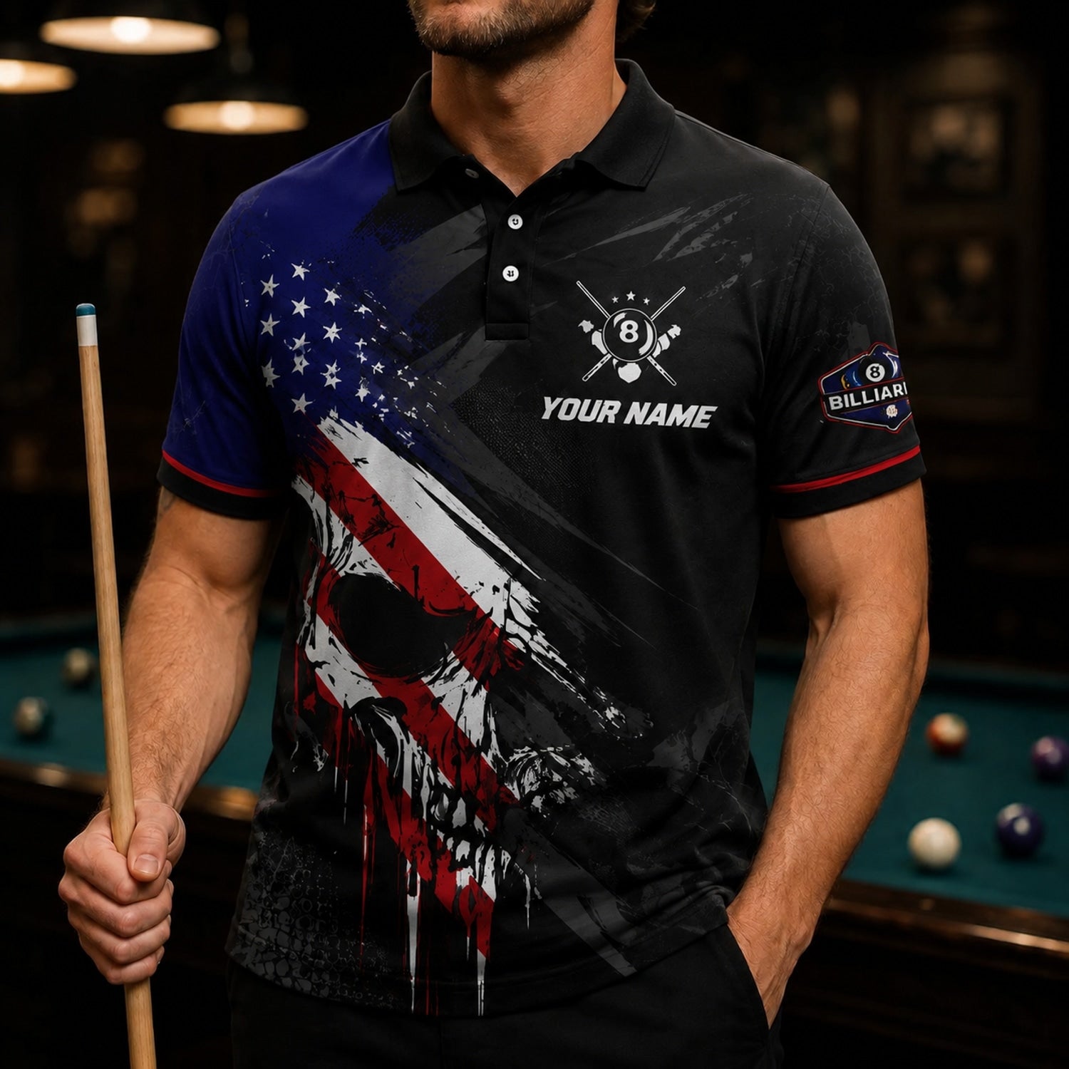 Patriotic Skull 8 Ball Sport Personalized Billiard Polo Shirt Front View