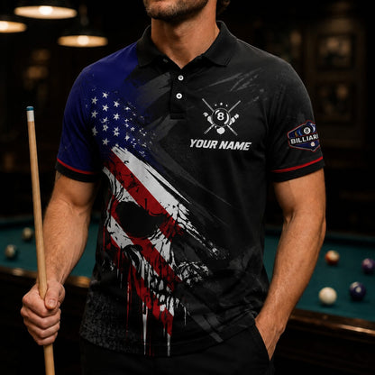 Patriotic Skull 8 Ball Sport Personalized Billiard Polo Shirt Front View