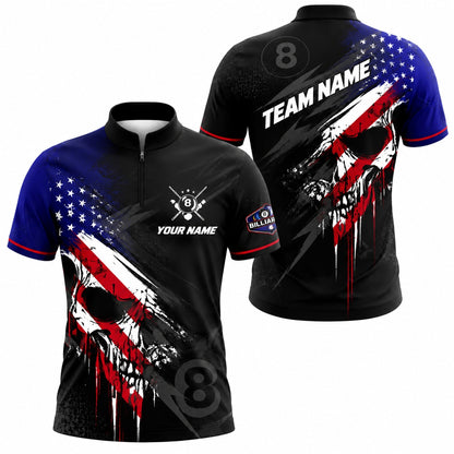 Patriotic Skull 8 Ball Sport Personalized Billiard Polo Shirt Jersey Zip 1 4 Collar
