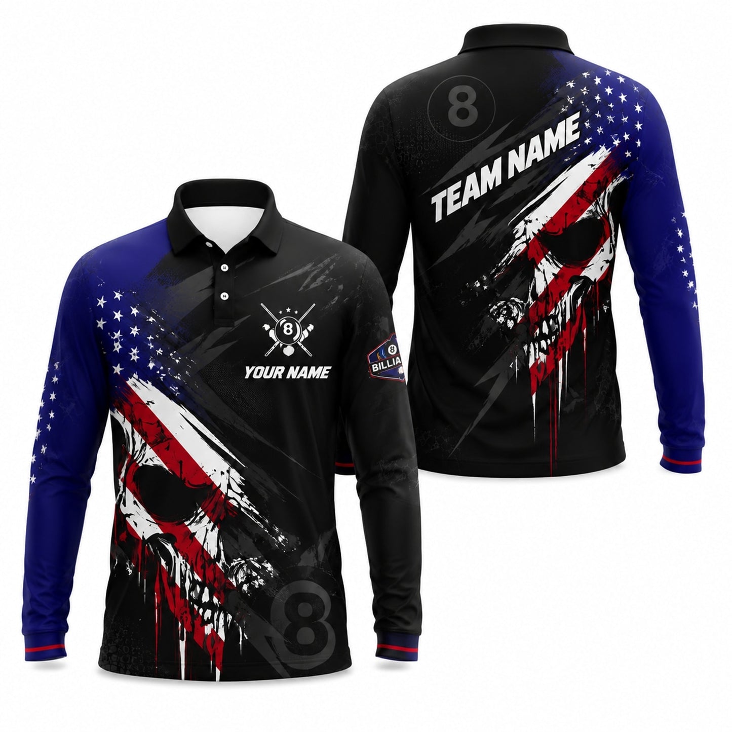 Patriotic Skull 8 Ball Sport Personalized Billiard Polo Shirt Long Sleeve Polo