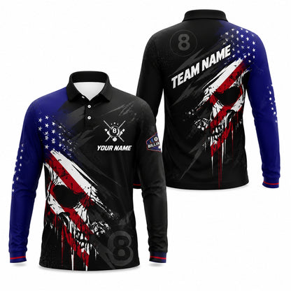 Patriotic Skull 8 Ball Sport Personalized Billiard Polo Shirt Long Sleeve Polo