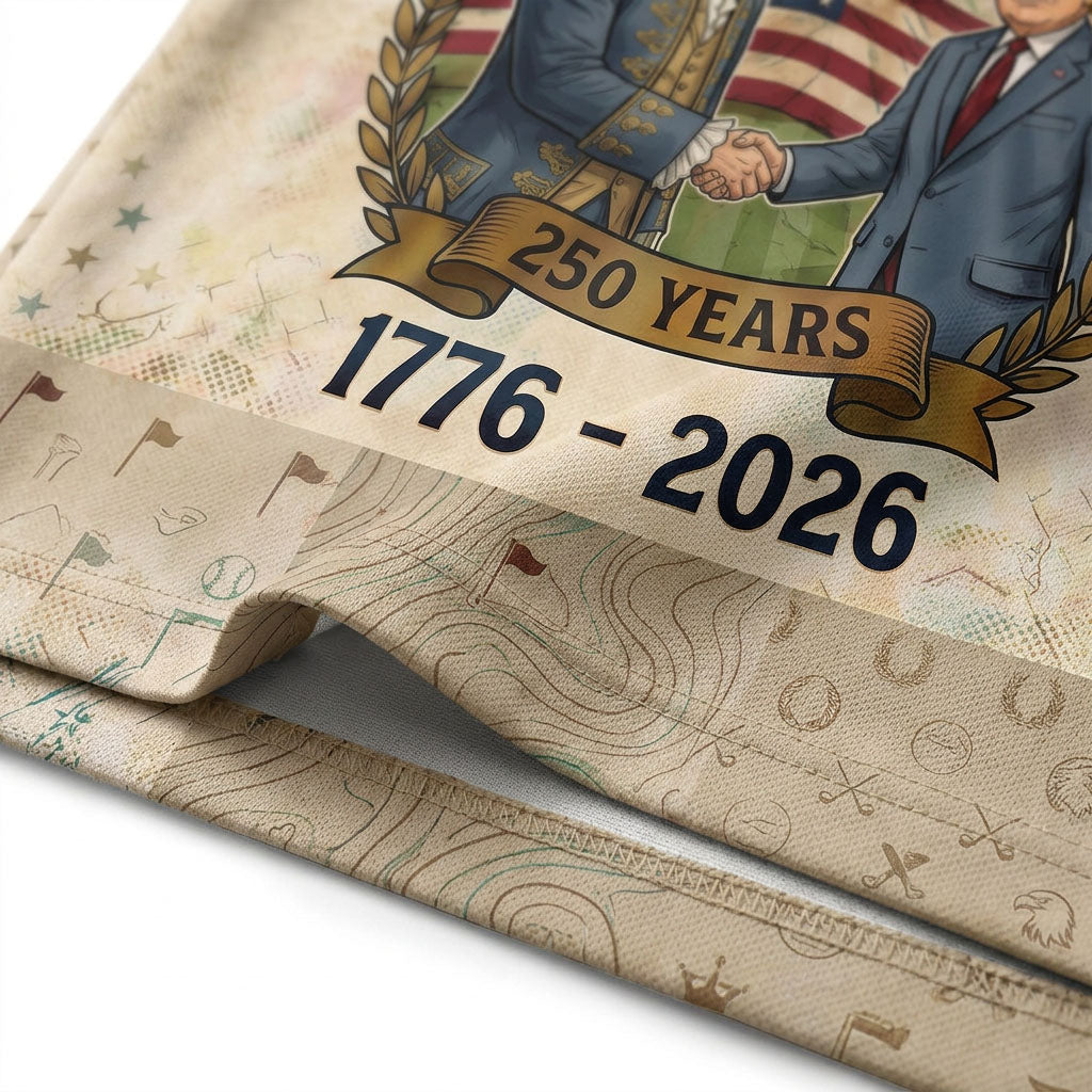 Detailed closeup of the historic figures and 250 years embroidery on polo fabric