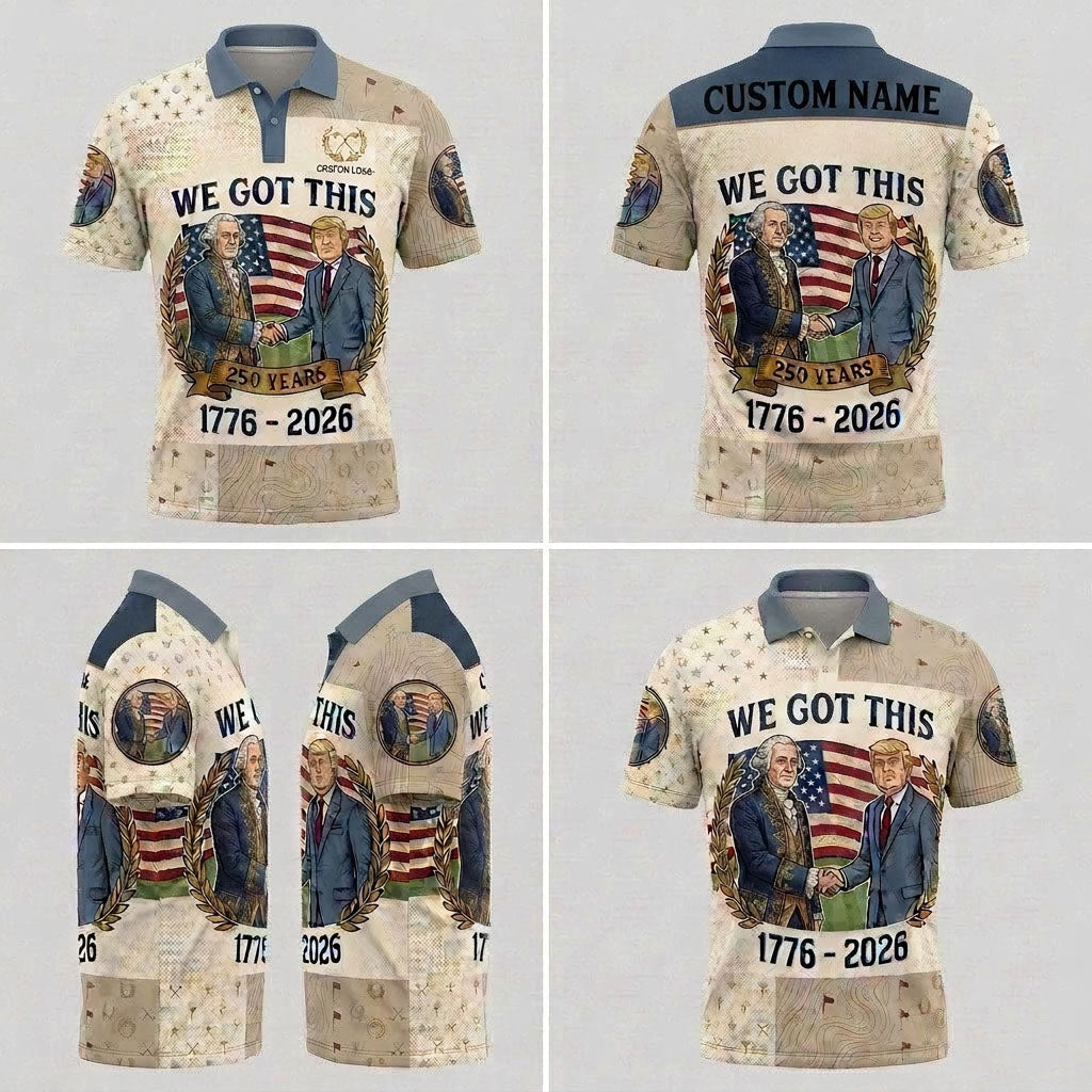 Multi-angle product display of the Patriotic Unity designer golf polo