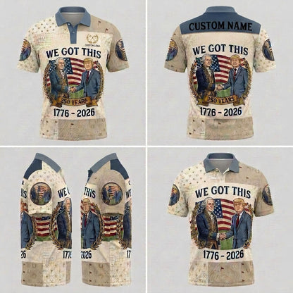 Multi-angle product display of the Patriotic Unity designer golf polo