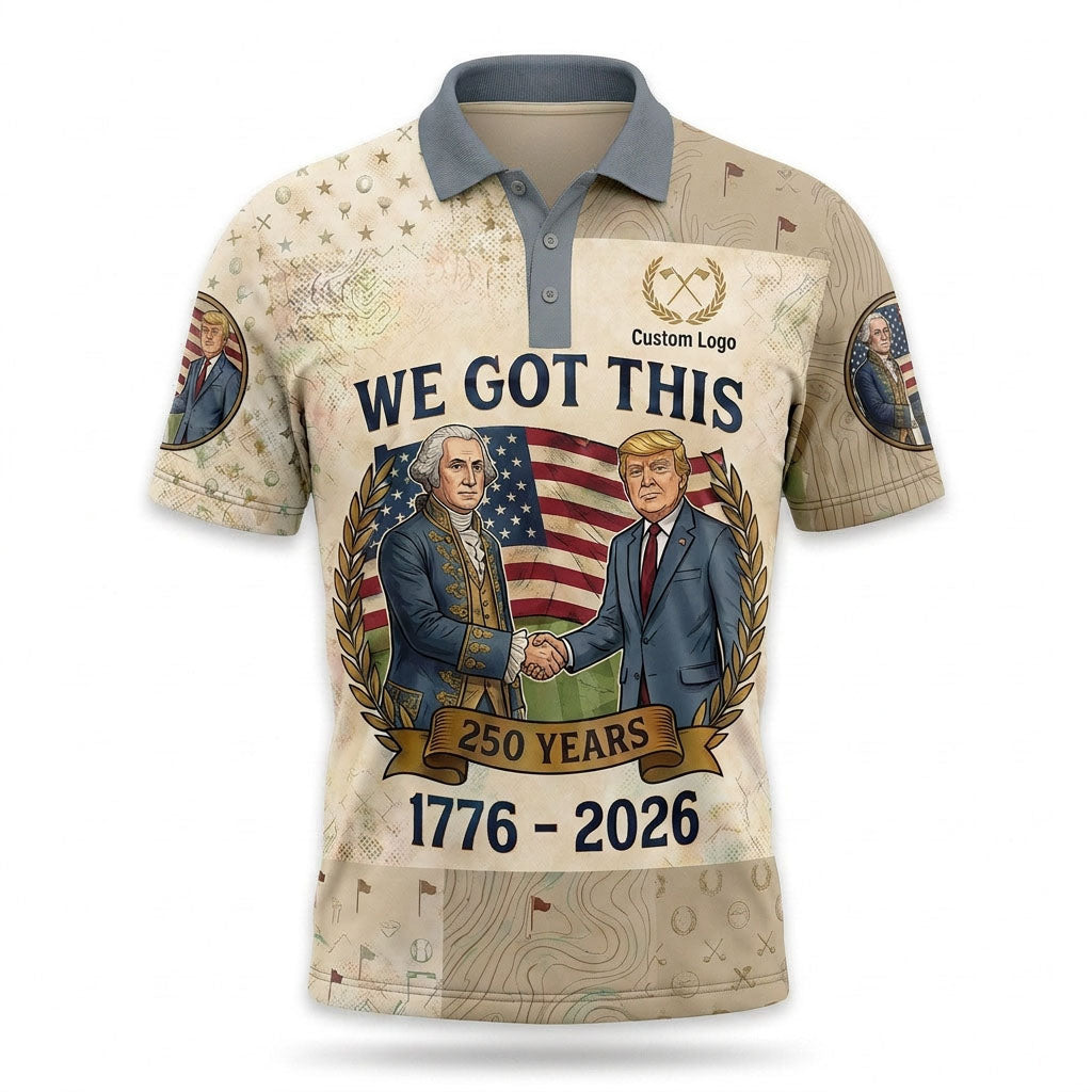 Premium flatlay layout of the commemorative 1776-2026 unity golf polo