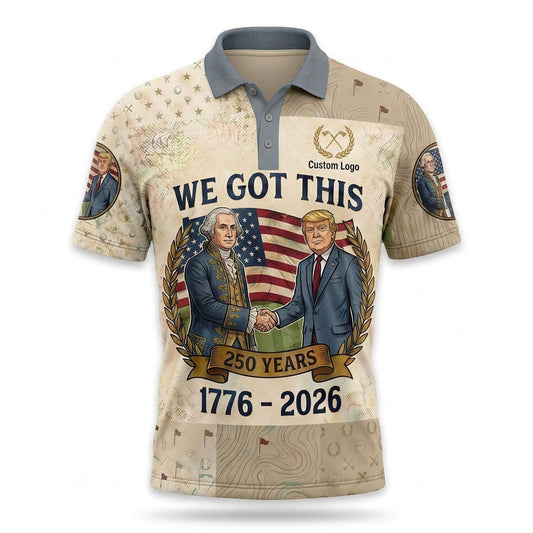 Premium flatlay layout of the commemorative 1776-2026 unity golf polo