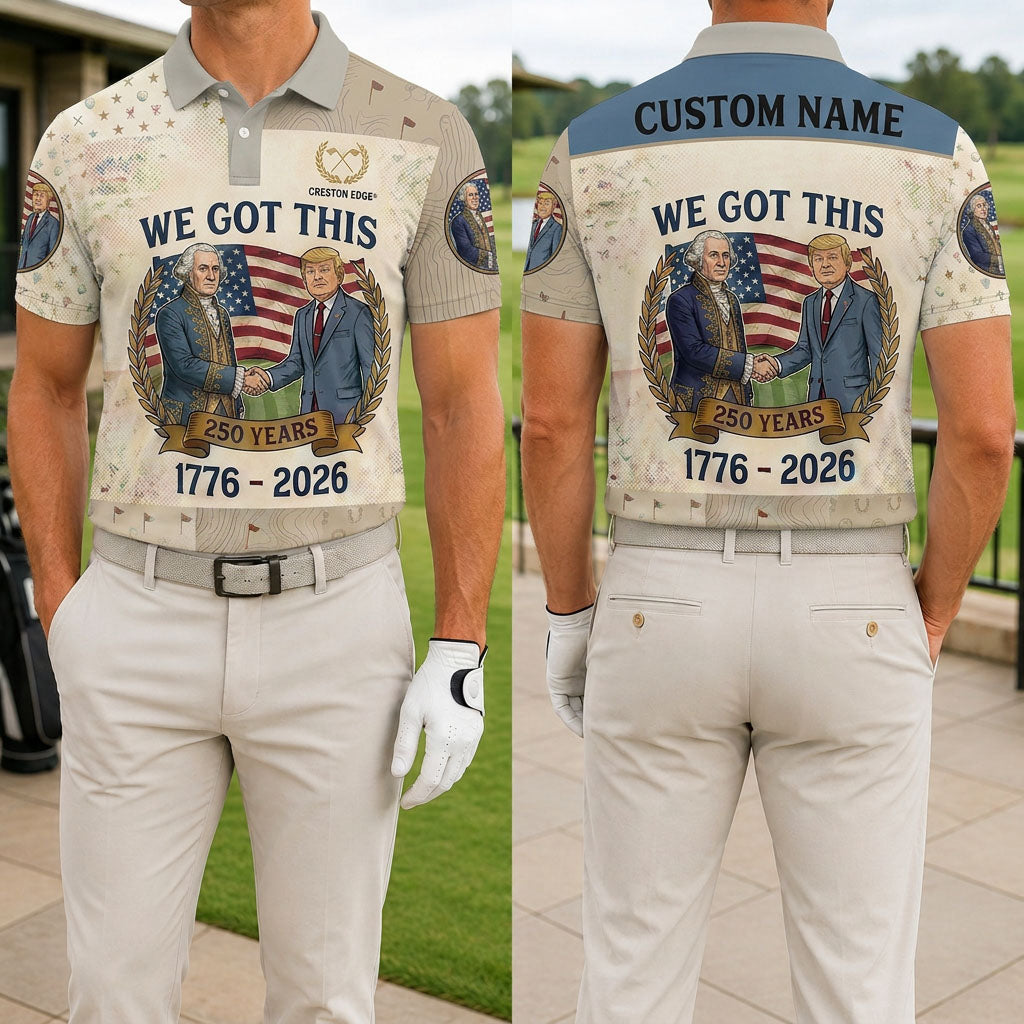 Front and back view of the Patriotic Unity 250 years custom golf polo shirt