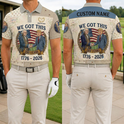 Front and back view of the Patriotic Unity 250 years custom golf polo shirt