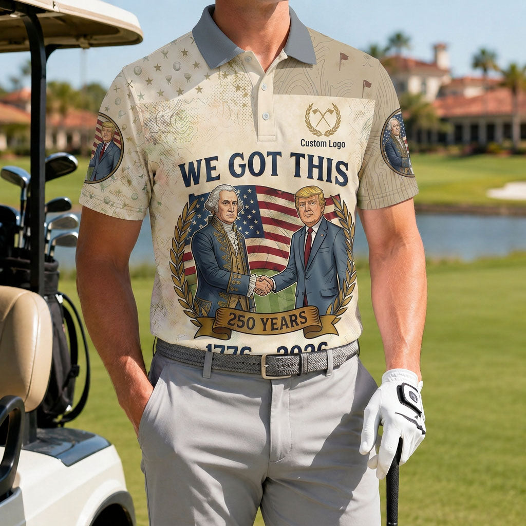 Golfer wearing the Patriotic Unity 250 years performance polo on a golf course