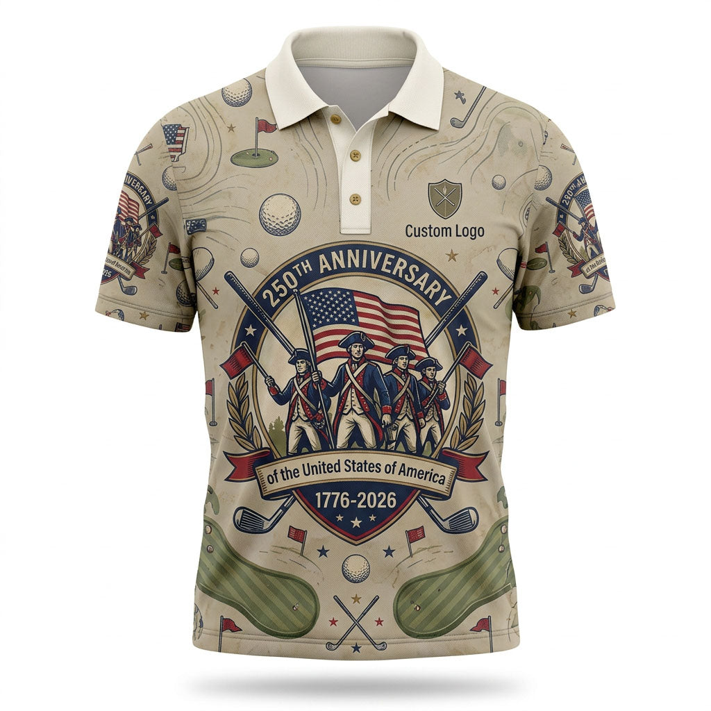 Flatlay of beige US 250th Anniversary patriotic golf shirt