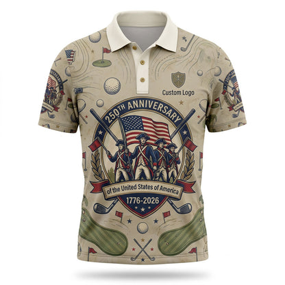 Flatlay of beige US 250th Anniversary patriotic golf shirt