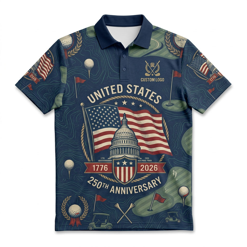 Flatlay view of the vintage-inspired US 250th Anniversary golf polo