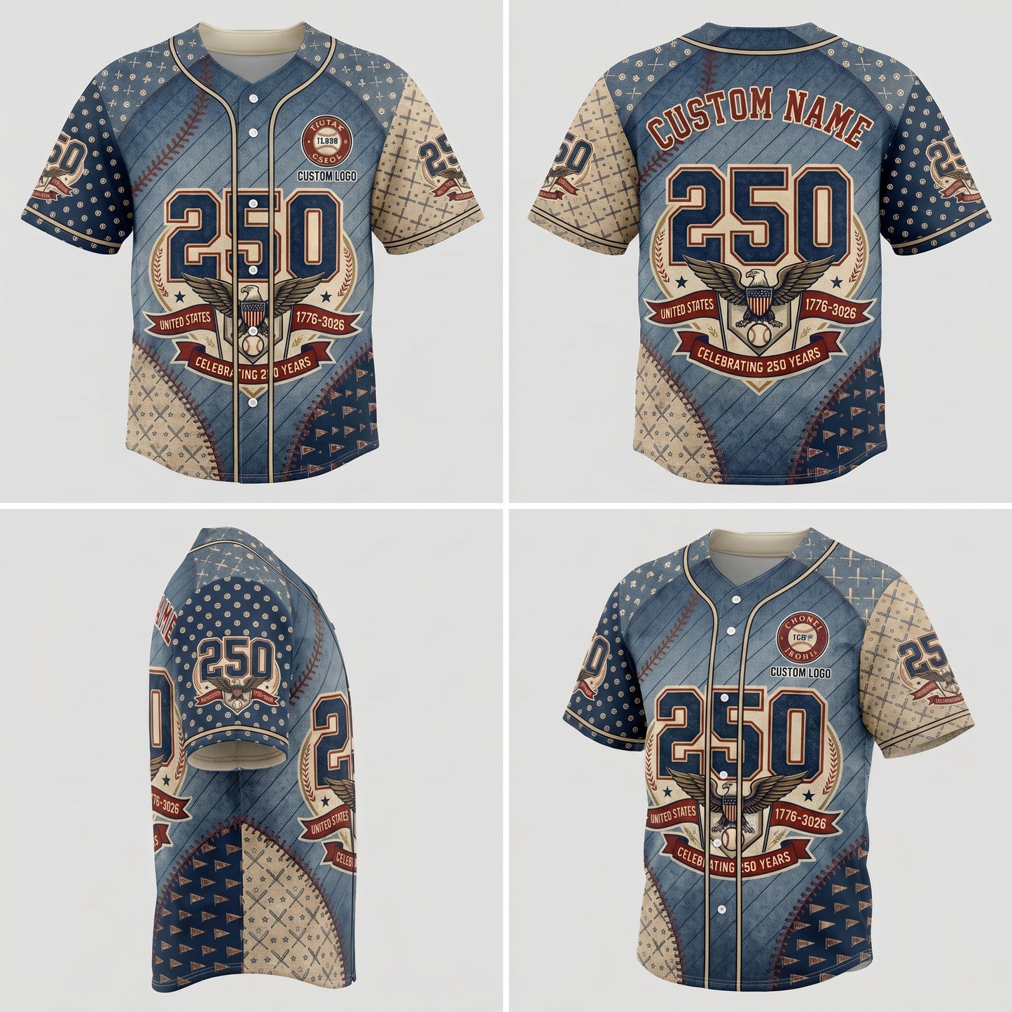 Four-way product presentation template showcasing the front, back, side silhouette print, and angled view of the patriotic textured style baseball jersey.