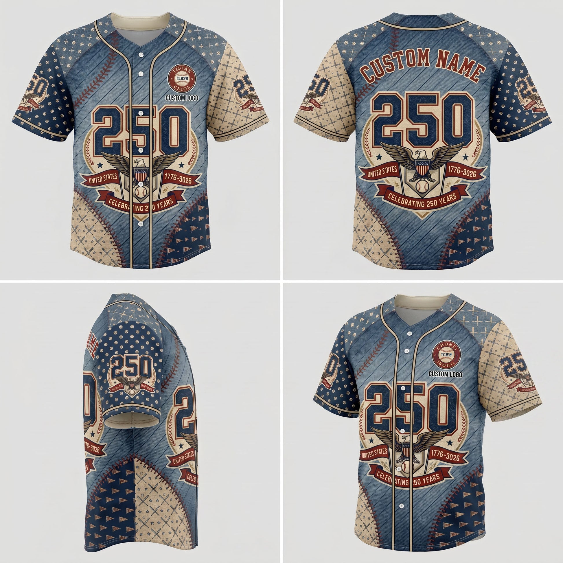 Four-way product presentation template showcasing the front, back, side silhouette print, and angled view of the patriotic textured style baseball jersey.