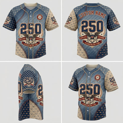 Four-way product presentation template showcasing the front, back, side silhouette print, and angled view of the patriotic textured style baseball jersey.