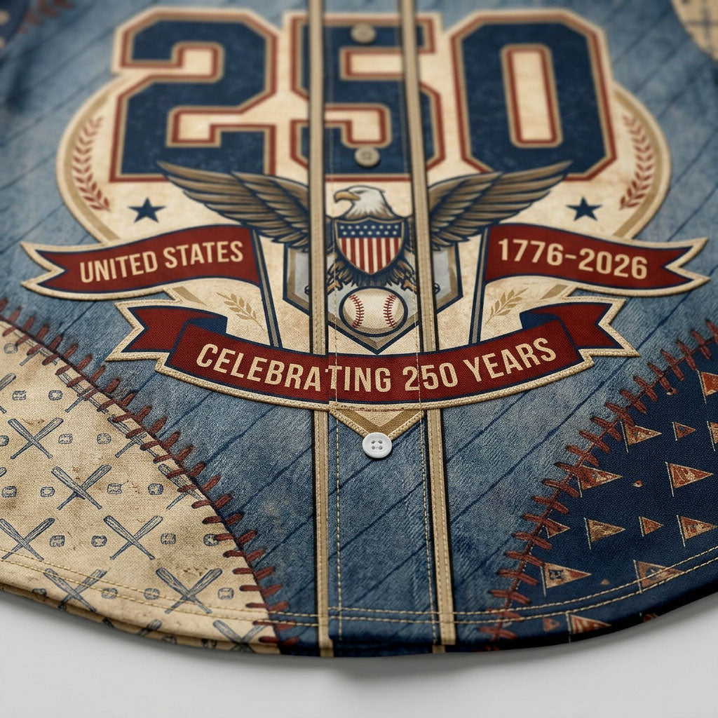 Extreme close-up of the front button placket on the blue jersey showcasing the detailed Celebrating 250 Years ribbon text and baseball stitching print.