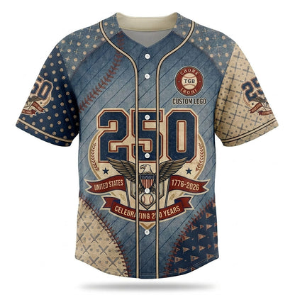 Premium flatlay of the custom blue textured style US 250th anniversary baseball shirt isolated on a solid white background for store display.