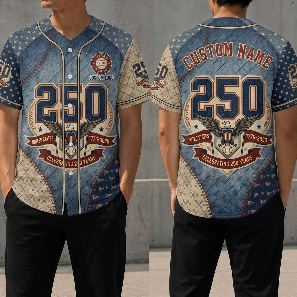 Front and back view of a blue textured USA 250th anniversary baseball jersey featuring a large 250 graphic and patriotic bald eagle heraldry.
