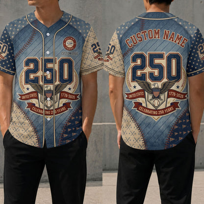 Front and back view of a blue textured USA 250th anniversary baseball jersey featuring a large 250 graphic and patriotic bald eagle heraldry.