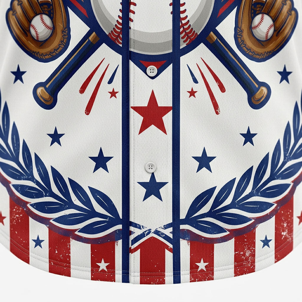 Close-up shot of the lower front hem on the white baseball jersey showcasing the crisp sublimation print of blue stars, red stripes, and laurel wreath details.