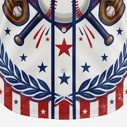 Close-up shot of the lower front hem on the white baseball jersey showcasing the crisp sublimation print of blue stars, red stripes, and laurel wreath details.