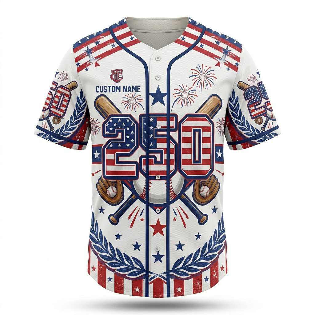 Premium product flatlay of the custom USA 250th anniversary baseball jersey in white, isolated on a clean white background showing the full front graphic design.