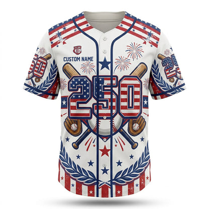 Premium product flatlay of the custom USA 250th anniversary baseball jersey in white, isolated on a clean white background showing the full front graphic design.