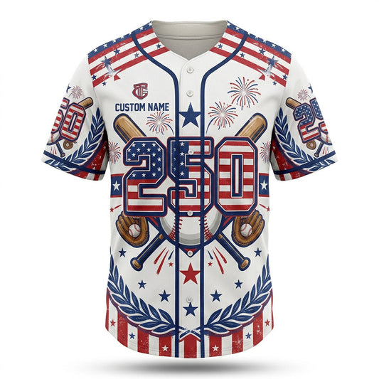Premium product flatlay of the custom USA 250th anniversary baseball jersey in white, isolated on a clean white background showing the full front graphic design.