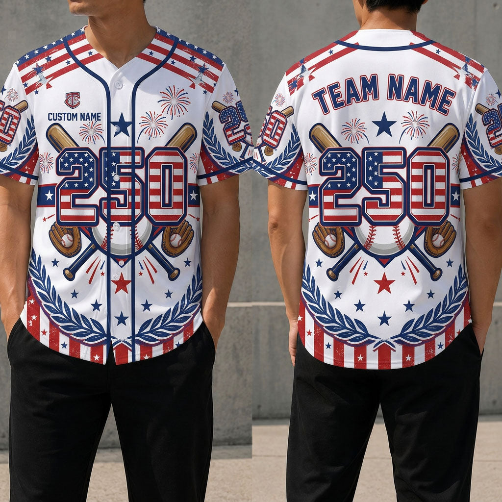 Front and back view of a white patriotic USA 250th anniversary baseball jersey featuring a large 250 stars and stripes design, crossed bats, and fireworks.