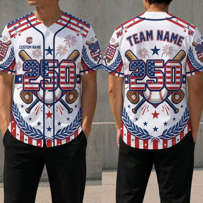 Front and back view of a white patriotic USA 250th anniversary baseball jersey featuring a large 250 stars and stripes design, crossed bats, and fireworks.