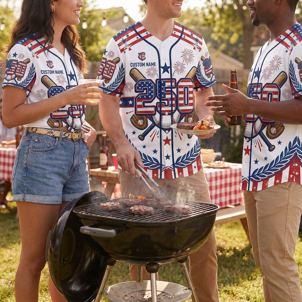 A group of friends enjoying a backyard Fourth of July barbecue party while wearing matching white USA 250th anniversary baseball jerseys.