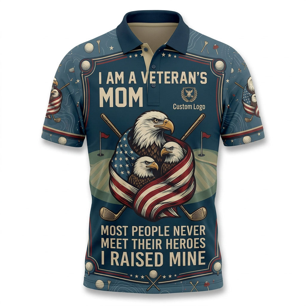 Flatlay of navy blue military-inspired Veteran's Mom golf polo