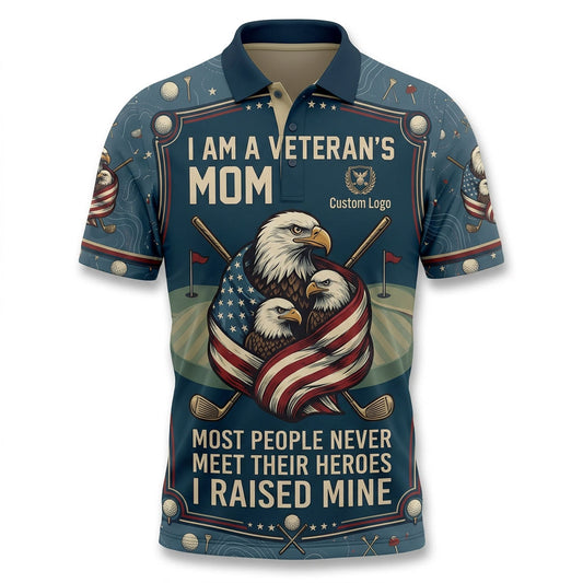 Flatlay of navy blue military-inspired Veteran's Mom golf polo